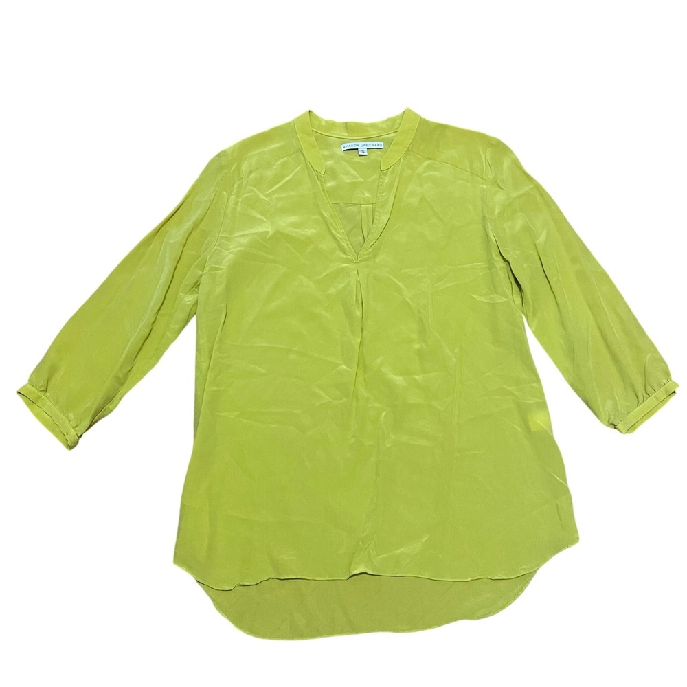 Amanda Uprichard Women's Small 100%β Silk Split Neck Blouse Chartreuse Green USA